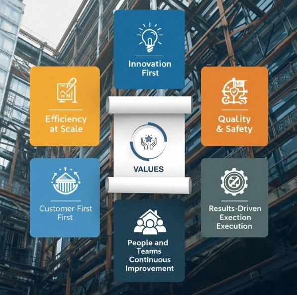 KMS Technologies core values including innovation, efficiency, quality and safety in pre-engineered building and industrial construction
