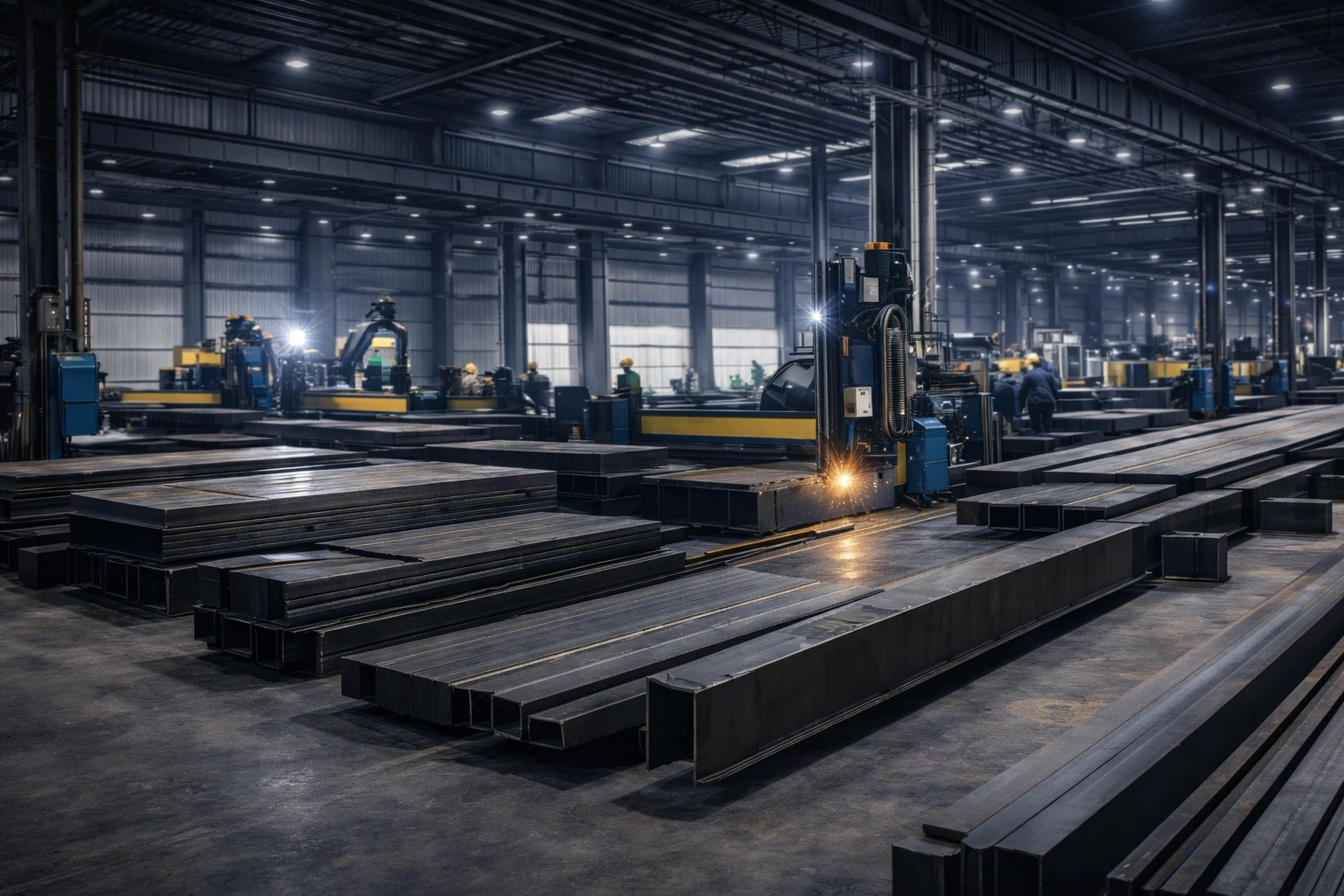 Industrial steel fabrication plant with heavy structural steel beams for pre-engineered building manufacturing