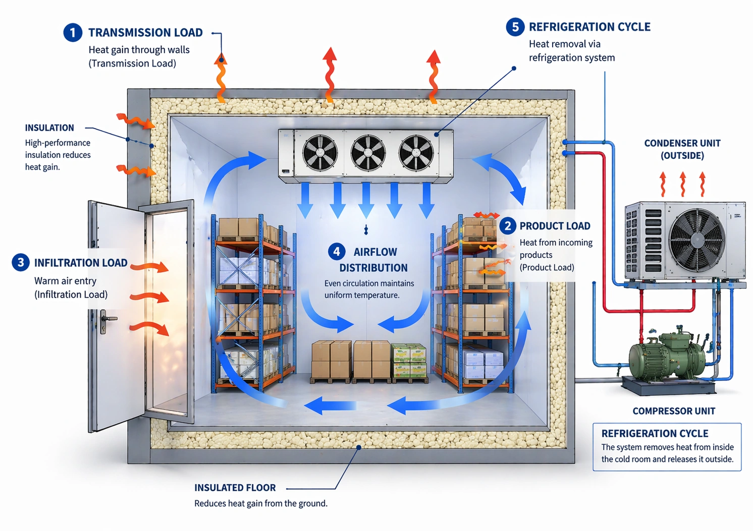 Cold storage heat load calculation diagram for warehouse refrigeration design and airflow management