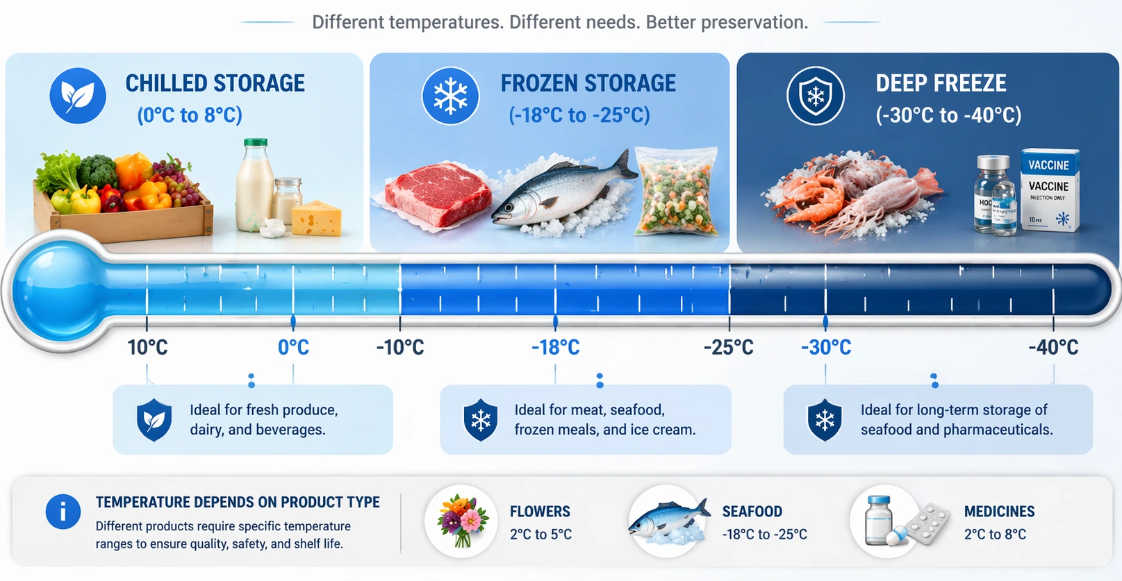 Cold storage temperature range guide for chilled, frozen and deep freezer storage explained in infographic