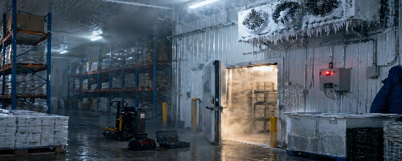 Modern cold storage warehouse interior with cooling system, racks and temperature-controlled environment for food storage