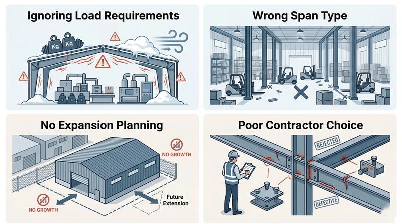 Common mistakes when selecting a PEB structure including load miscalculation, wrong span selection, lack of expansion planning, and poor contractor choice in industrial buildings