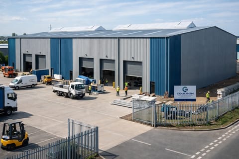 Pre-engineered building warehouse with industrial shed structure and logistics operations