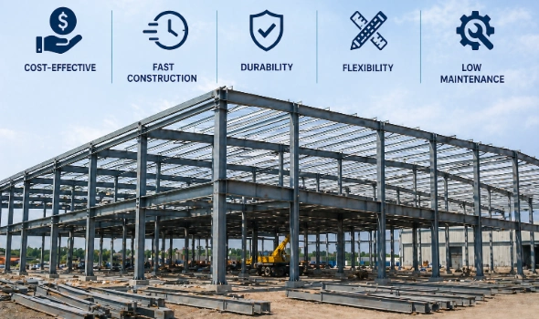 infographic showing benefits of pre engineered buildings including cost efficiency speed flexibility durability and low maintenance