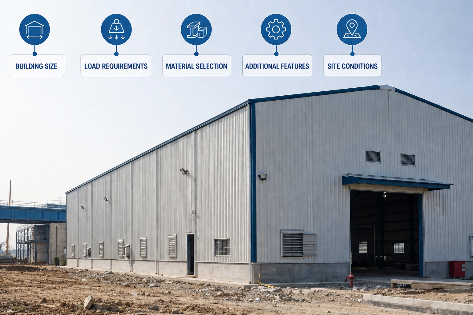 Pre engineered building with cost factors including size load requirements materials features and site conditions affecting construction cost
