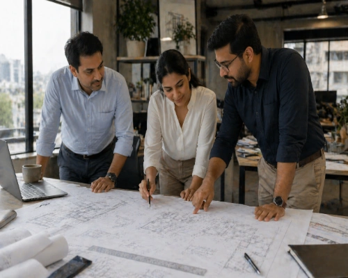 Engineers reviewing building plans and structural drawings for pre-engineered building design and project planning