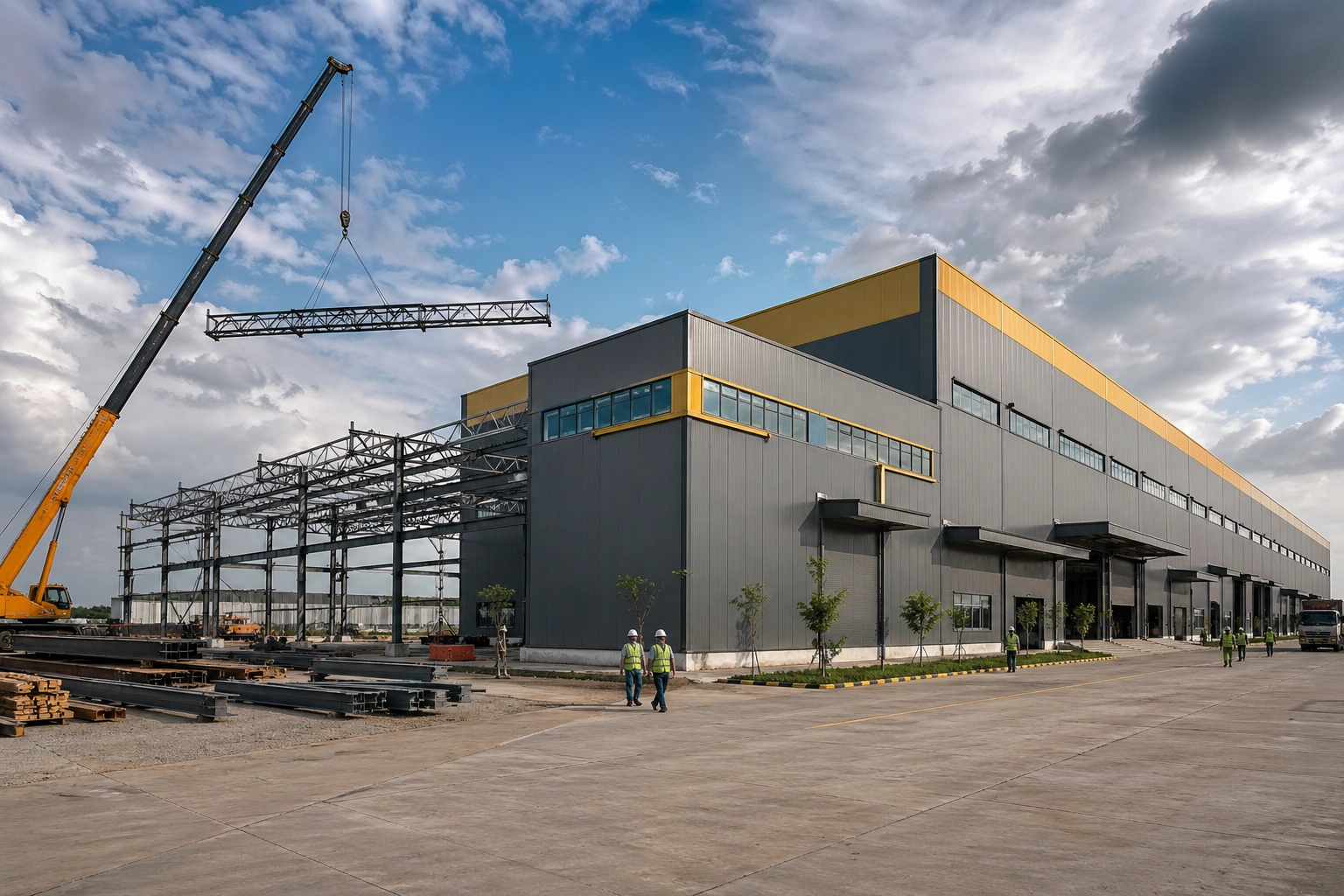 pre engineered building turnkey warehouse construction showing steel structure installation with crane and workers on industrial site