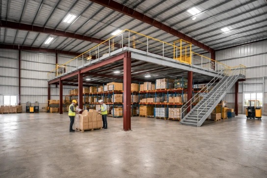 Steel mezzanine systems installation inside industrial warehouse