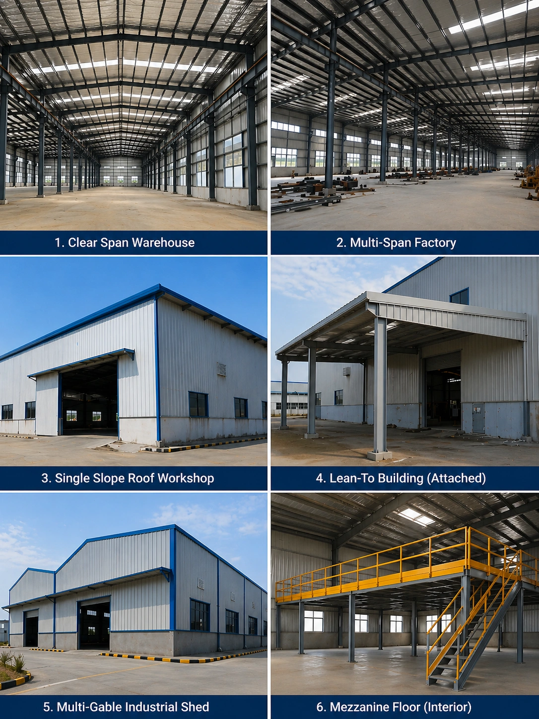 different types of pre engineered buildings including clear span multi span single slope lean to mezzanine structures