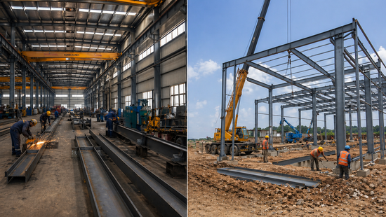 Pre-engineered building construction showing steel fabrication in factory and on-site assembly of steel structure with cranes and workers